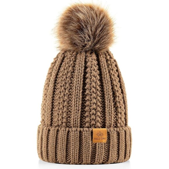 Women\'s Faux Fur Fleece Lined Khaki Winter Thick Knit Pom Skull Beanie Hat Cap main image 4